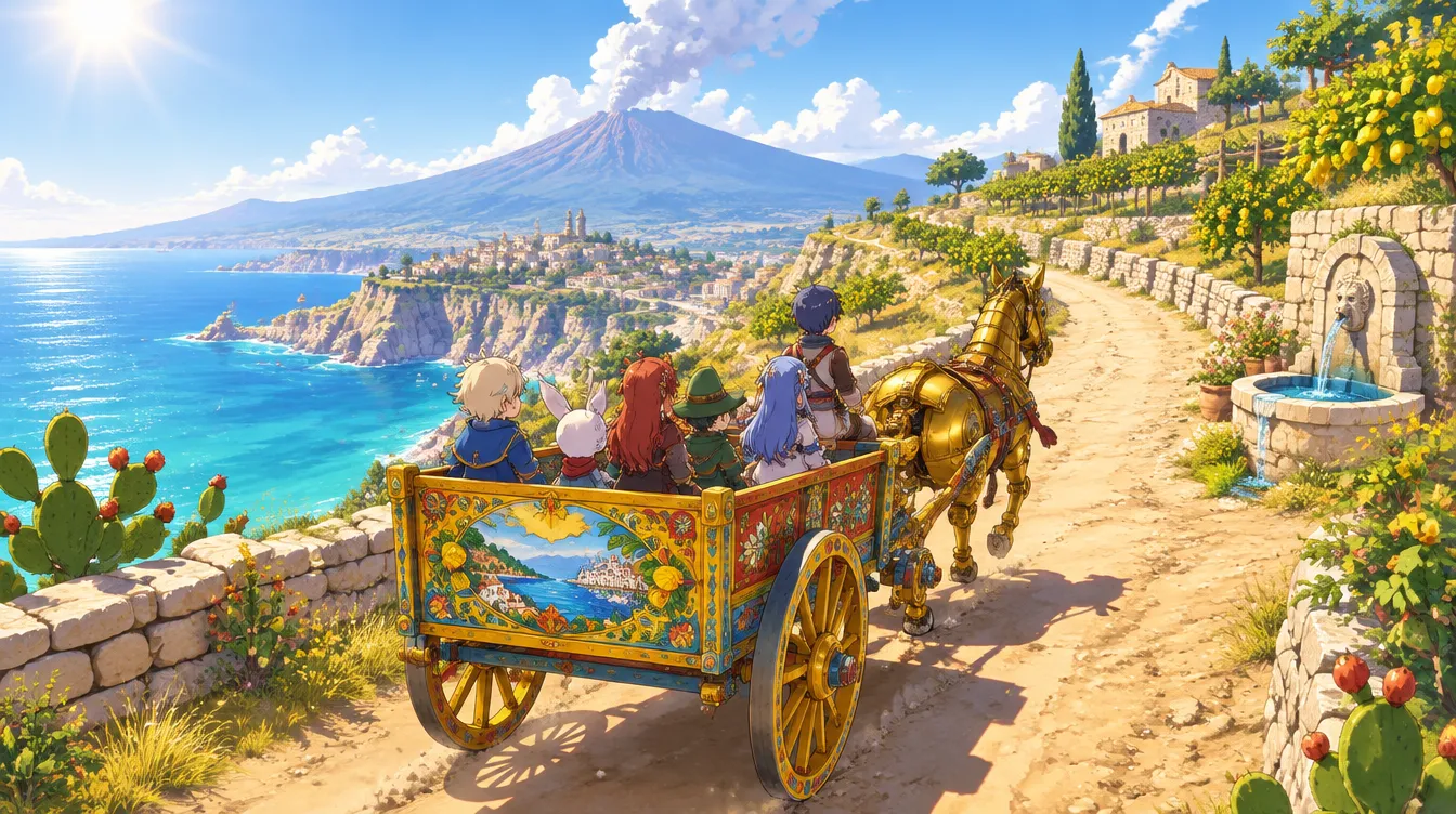 The Gilded Cart ditarik kuda mekanis di jalan pantai, di antara teras lemon dan kaktus, laut biru di kiri dan Old Smoke berasap di kejauhan.